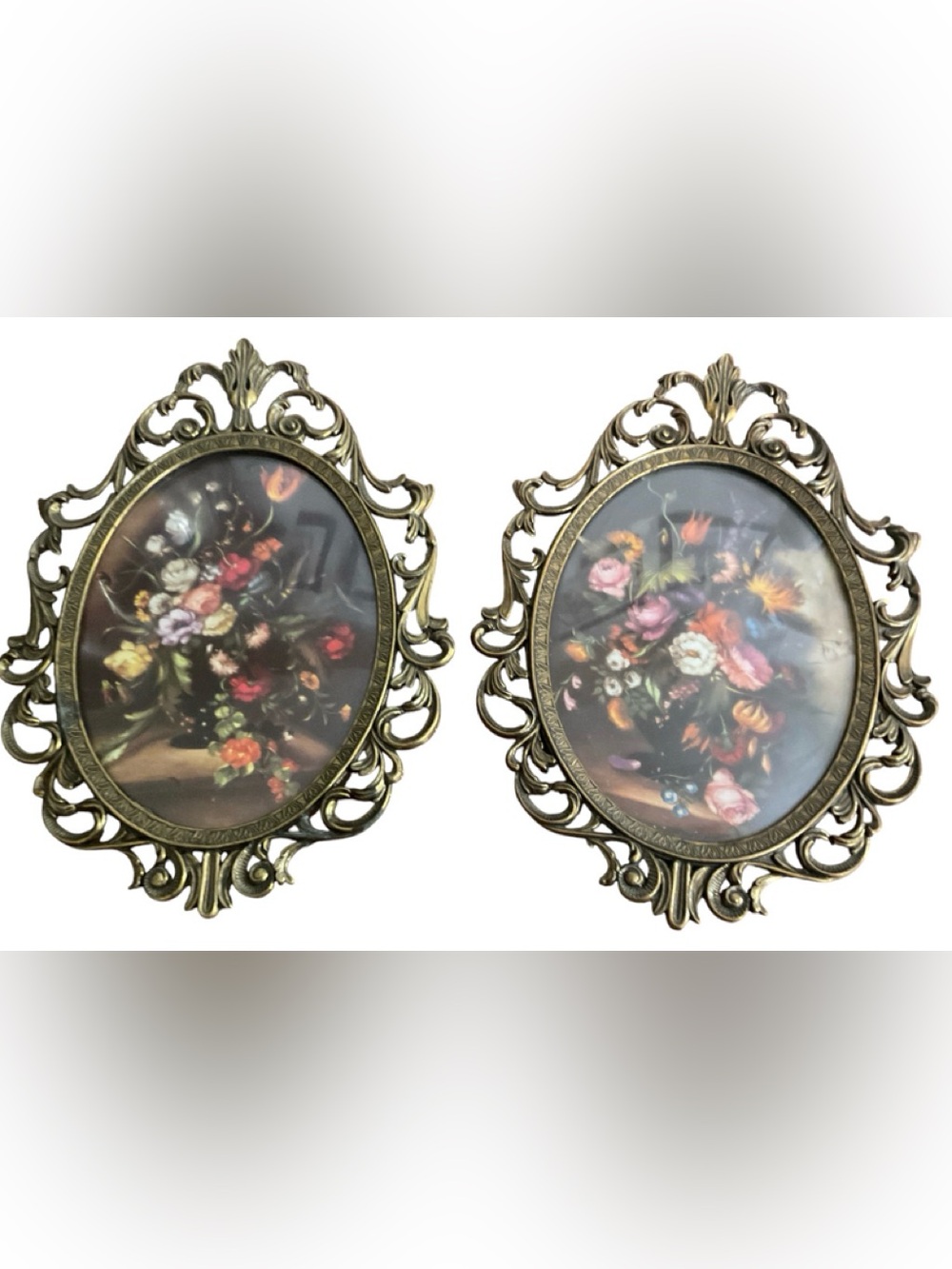 Vintage Italian Floral Wall Art Set of 2 Convex Bubble Glass Ornate Brass Frames